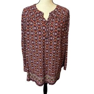 Laura Scott Woman 3X Tunic Top Burgundy Medallion Paisley Rayon Blouse